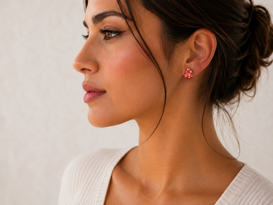 Aretes Cristal Coral – Bañados en Oro Blanco 18K